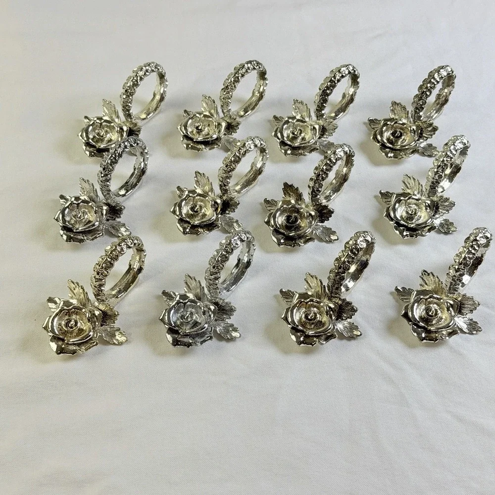 Vintage Silver Tone Rose Metal Holders Napkin Rings Set of 12 Floral Table Decor